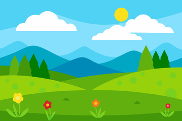 Obraz premium Bright sunny day over rolling green hills and mountains with flowers