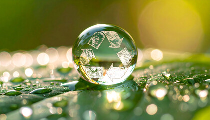 Recycle Symbol in Water Drop: A single, transparent water droplet, delicately balances on a verdant leaf, its crystalline surface reflecting a circular recycling symbol.