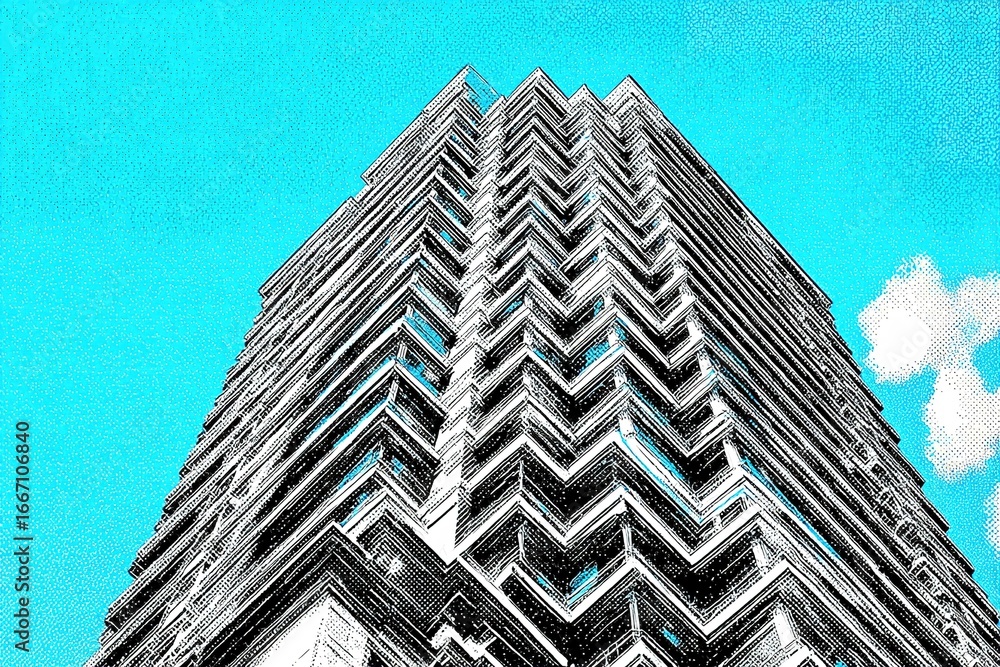 Poster modern architectural design with geometric patterns and a bright blue sky above in an urban setting