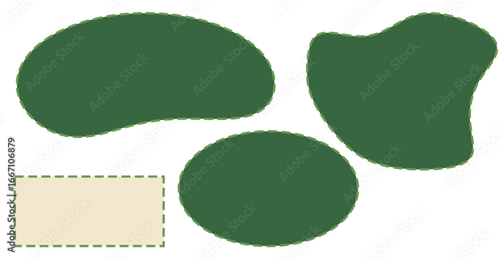 Poster abstract shapes in green and beige create a minimalist composition on black.