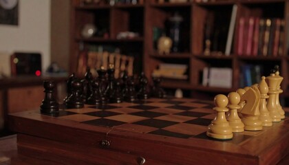 Chessboard with pieces in a room