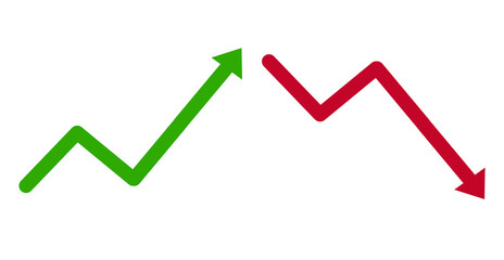 Green arrow rises then red arrow falls against a black background implying market trends.