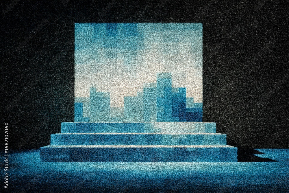 Aufkleber abstract blue structure with steps illuminated in a dark environment at an art installation