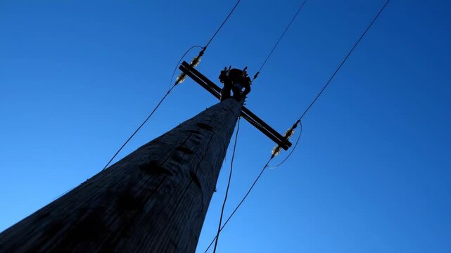 Silhouette of Lineworker on Utility Pole - A low-angle shot captures the silhouette of a lineworker high on a weathered wooden utility pole against a vibrant blue sky.