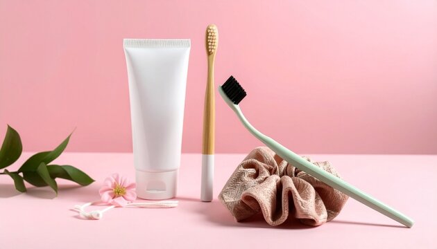 A minimalistic pink-themed bathroom setup with a toothpaste tube, toothbrush, and two soft scrunchies on a pastel background