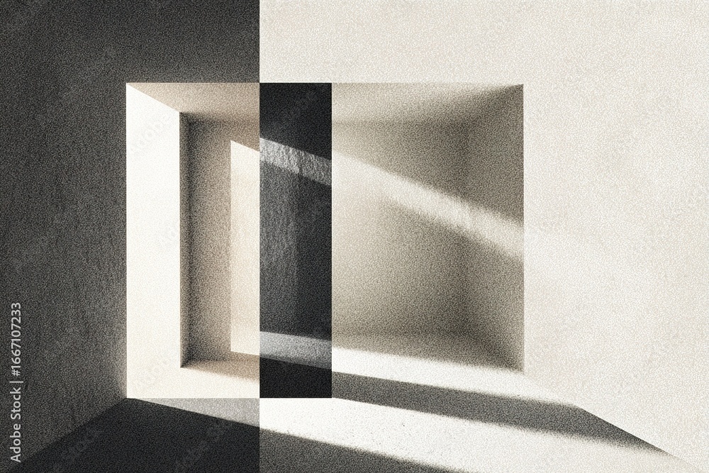 Poster light and shadow play in an abstract architectural space showcasing contrasting textures and angles 