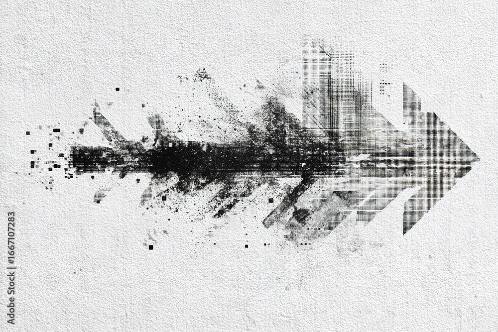 Poster abstract arrow design with digital elements and splatter effects on textured white background