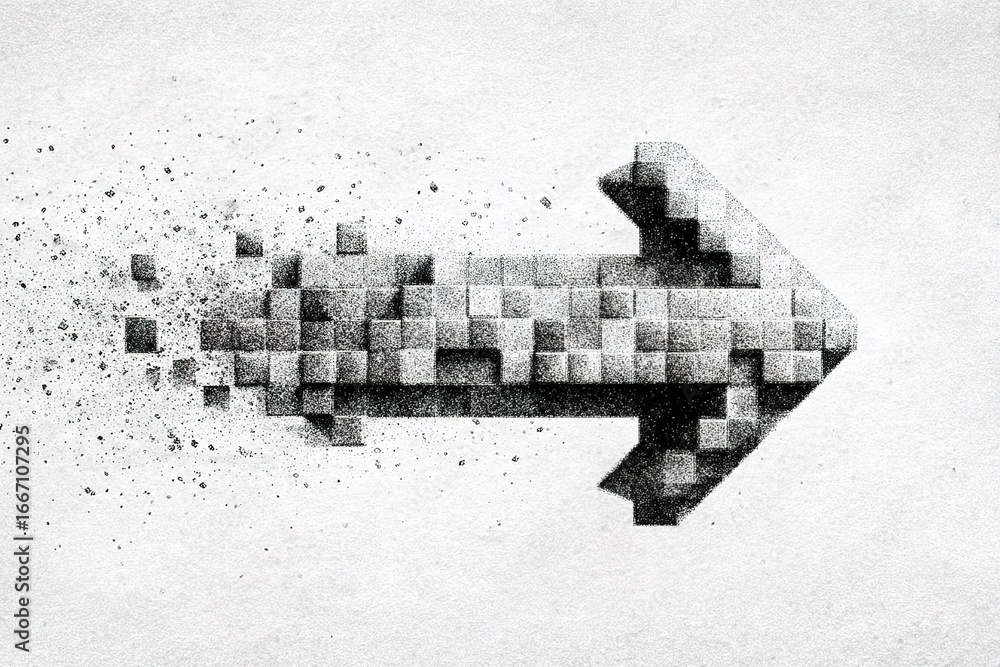 Poster dynamic arrow design representing movement and progress with pixelated texture on a light background