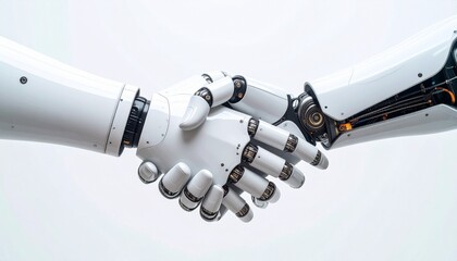 Two futuristic robotic hands shaking in agreement, symbolizing technology collaboration and artificial intelligence partnership.