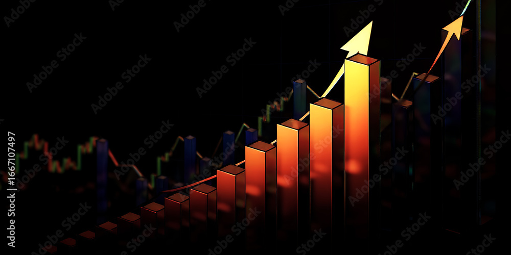 Poster a visual representation of an ascending bar graph with a golden arrow indicating growth