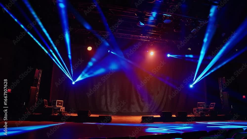 Poster dynamic stage lights illuminate empty concert venue with blue beams creating dramatic atmosphere for