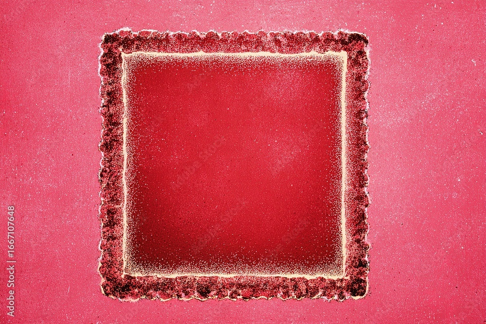 Poster bright red background with a textural square border created using contrasting colors and patterns