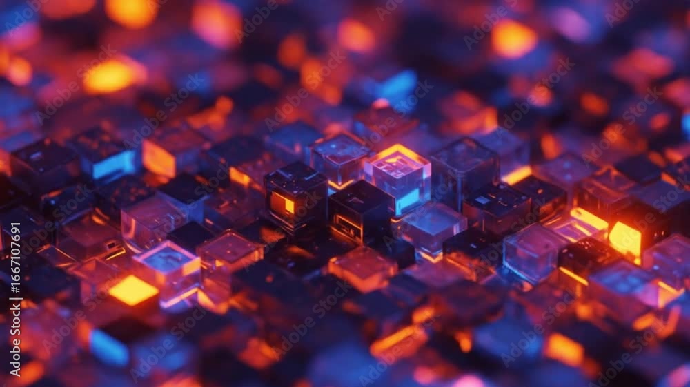 Aufkleber abstract array of glowing cubes in blue and orange light creating a futuristic tech landscape