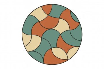Circular pattern with interlocking geometric forms in green, orange, cream hues, floating against transparent backdrop