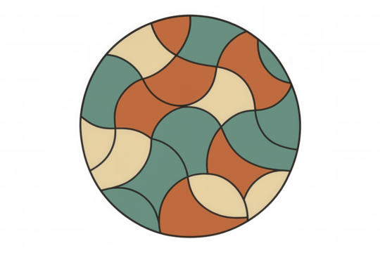 Circular pattern with interlocking geometric forms in green, orange, cream hues, floating against transparent backdrop - Powered by Adobe