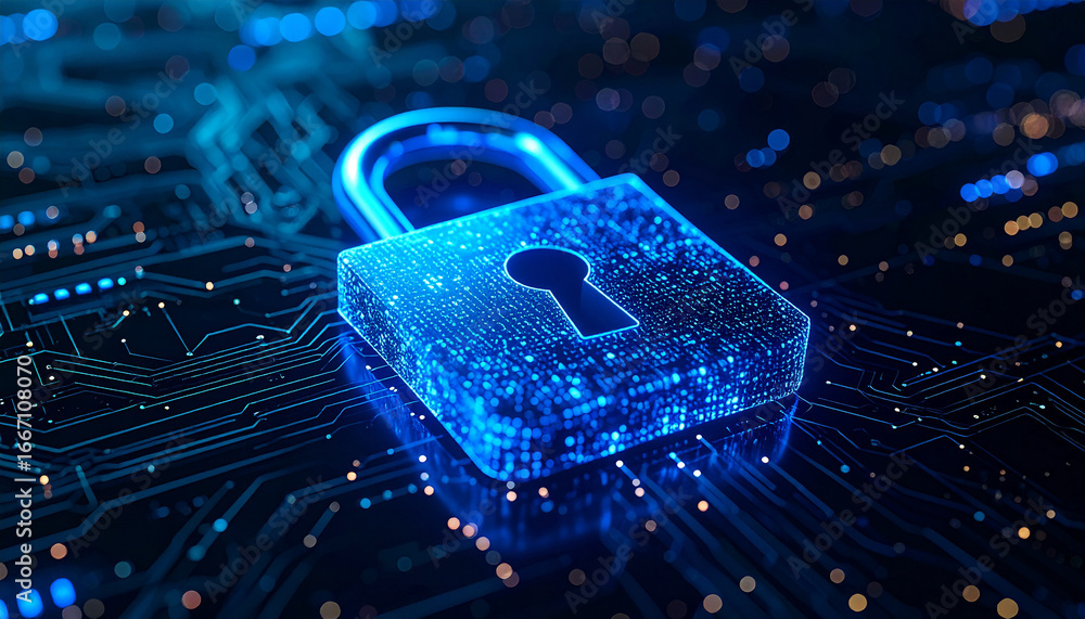 Poster digital security symbol: a luminous, digital lock symbolizes data protection and cyber security, emb