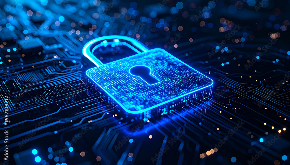 Poster digital fortress: a vibrant and conceptual image showcasing a glowing lock symbol set against the co