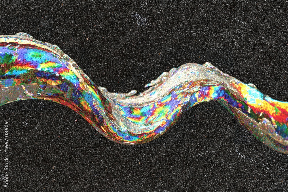 Poster colorful iridescent liquid flows in a wave pattern against a dark background in an abstract display 