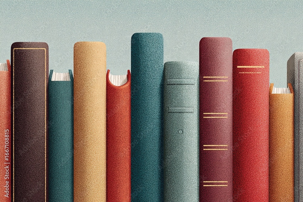 Poster books arranged in a colorful pattern on a shelf showcasing various binding styles and textures