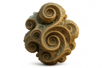 Golden rock spiraling with intricate patterns, revealing complex geological texture against translucent backdrop