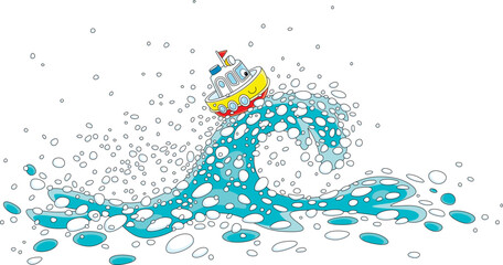 Cute toy ship surfing on a crest of a large sea wave in storm, vector cartoon illustration on white