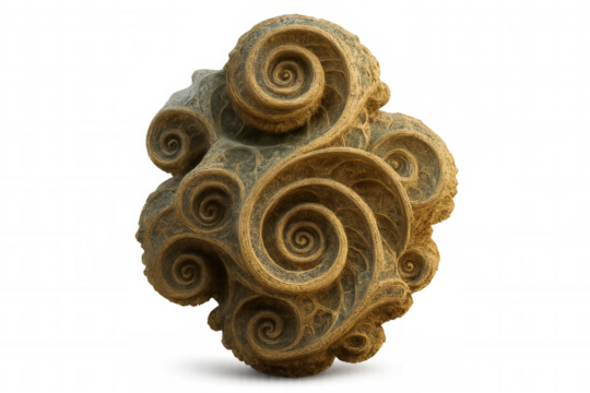 Golden rock spiraling with intricate patterns, revealing complex geological texture against translucent backdrop