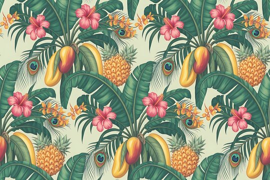 Tropical paradise pattern with vibrant flowers, lush banana leaves, and exotic fruits for designs