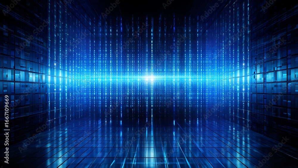 Poster abstract futuristic digital tunnel with glowing blue light streaks and grid patterns creating a sens