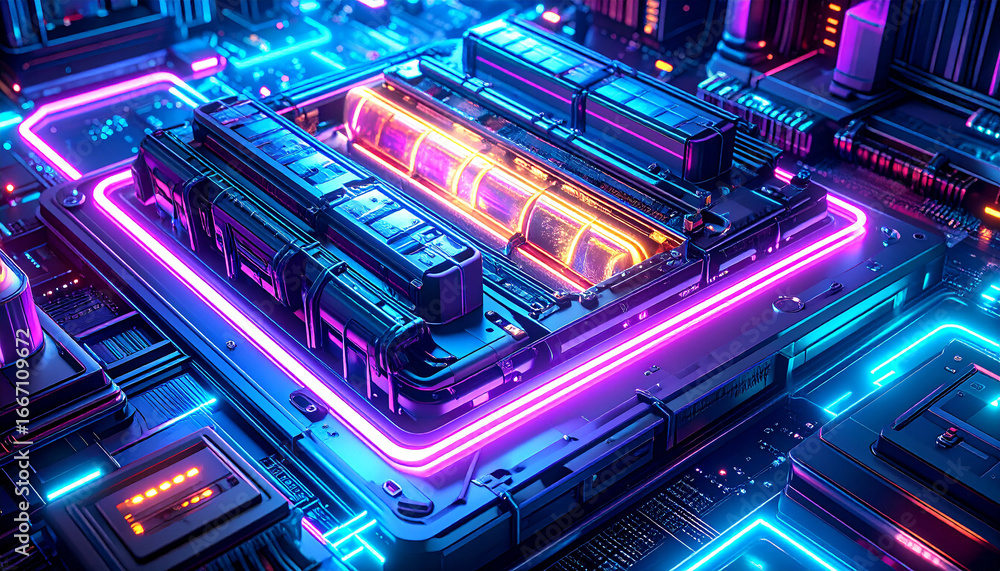 Poster cybernetic circuitry: the image showcases a futuristic, illuminated circuit board with neon-like lig