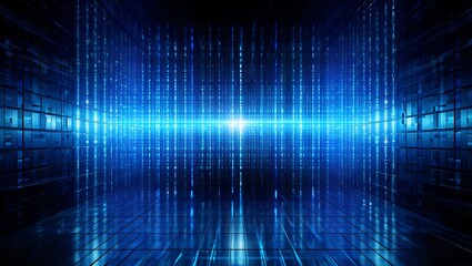 Abstract futuristic digital tunnel with glowing blue light streaks and grid patterns creating a sense of speed and data flow in a technological cyberspace