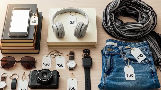 A visually appealing flat lay of common household itemssuch as books gadgets clothes and accessoriesarranged with price tags illustrating the concept of selling everyday belongings