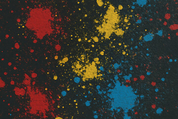 Vibrant abstract paint splatters on a dark textured background