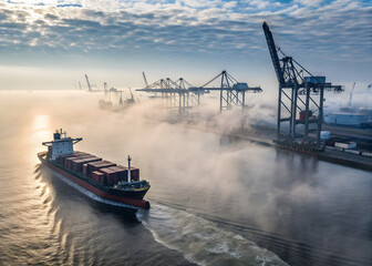 An Aerial View of a Cargo Ship and Port Cranes in a Thick Morning Fog