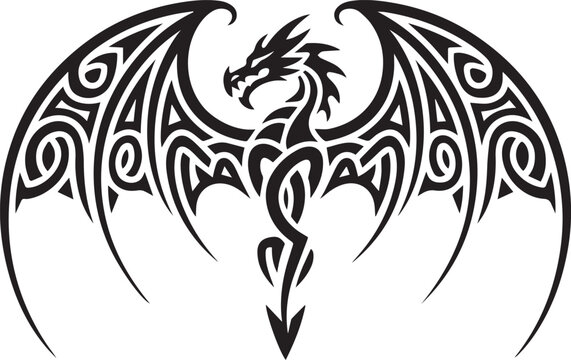 bold tribal dragon brand logo design with intricate celtic knot wings symmetrical vector badge