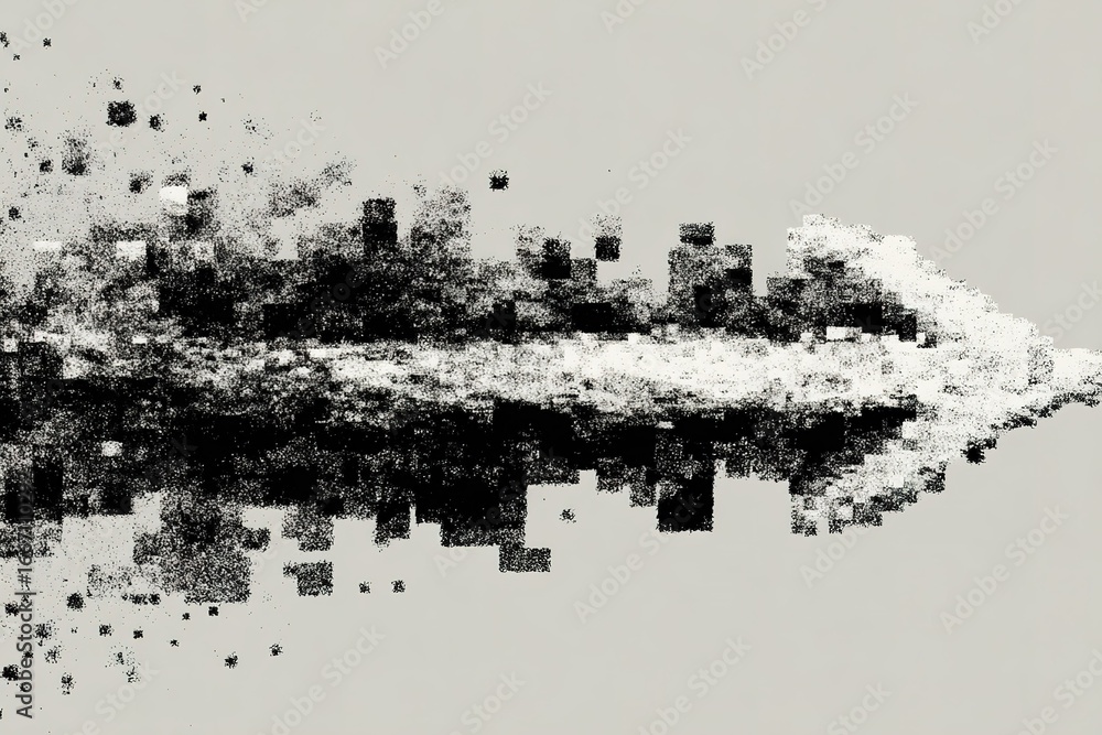 Poster abstract design featuring a bold arrow composed of scattered pixels on a light background