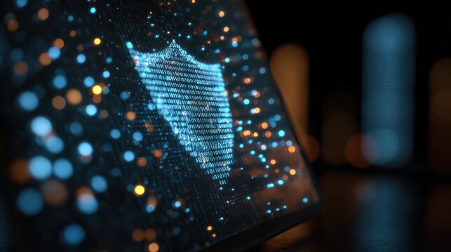 Medium shot of a digital shield hologram projected from a tablet in a dim room with blurred binary code cascading behind conveying network security. - Powered by Adobe
