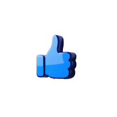 3D Rendered Thumbs Up Icon, High-Quality Blue Social Media Symbol.A vibrant, glossy, 3D rendered thumbs up icon in a deep blue color against a pure white background.