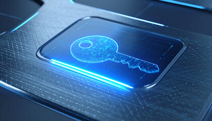 Cyber Security Key: A high-tech macro photograph of a digital key symbol, glowing brilliantly with a neon blue hue, representing the crucial concept of cyber security in a modern.