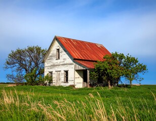 Obraz premium Abandoned Rural Farmhouse with Rusty Red Roof in Grassy Field Under Blue Sky.