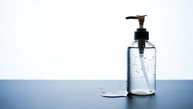 A clear plastic pump bottle of hand sanitizer, covered in water droplets, sits on a dark surface with a small spill, against a bright white background