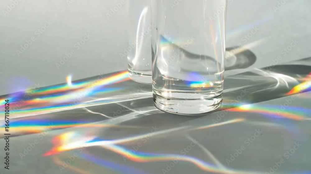 Poster abstract rainbow light refraction through clear glass on gray surface with shadows creates a geometr
