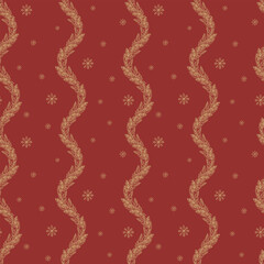 Red Christmas pattern with golden fir branches and snowflakes. Vintage Christmas background with fir garland. Winter retro background. Holiday seamless pattern. Vector illustration