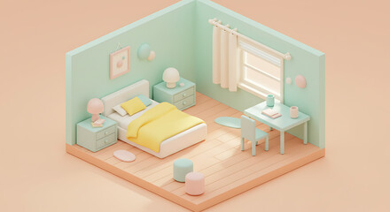 Fototapeta premium Minimalist Isometric Bedroom Scene with Pastel Colors and Soft Lighting Design, A Delightful and Calming Architectural Visualization for Design Inspiration
