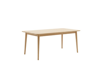 A light beige wooden dining table, featuring a rectangular tabletop and four slender legs, is presented against a solid black background.
