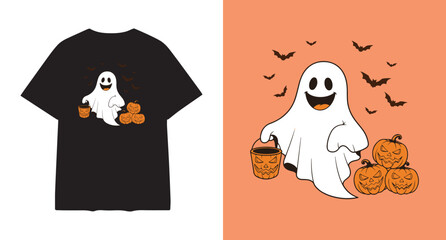 Cute ghost character with pumpkin and bats for halloween t-shirt design halloween themed artwork