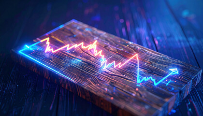 Stock Market Trend Visualization: A captivating display of market dynamics, where vibrant lines of light trace the fluctuating ups and downs of the stock market on a rustic wooden board.