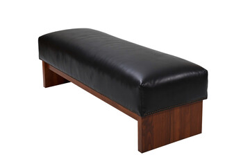 long, modern backless bench featuring a comfortable padded black leather seat and a solid dark wood base. This minimalist and versatile piece of furniture is isolated on a transparent background