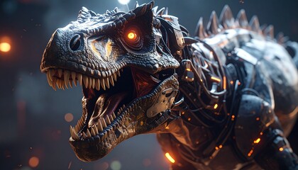 A fierce and angry cybernetic dinosaur, captured in a cinematic shot with dramatic lighting, showcasing a high-tech, menacing, and futuristic robotic creature in a powerful sci-fi scene