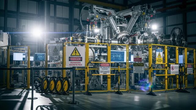 Safety barriers and warning signs around superconducting coil winding equipment in a highsecurity fusion energy research hall.