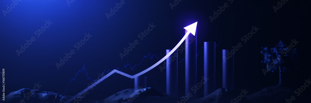 Poster arrow pointing upwards over graph bars in a dark blue setting with tree silhouette